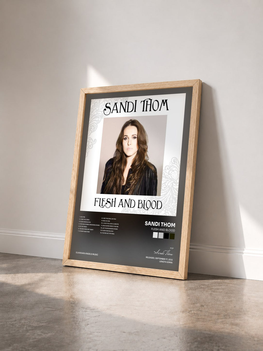#bois Tableau de l'album Flesh and Blood de Sandi Thom vu de trois quarts, cadre en bois brut