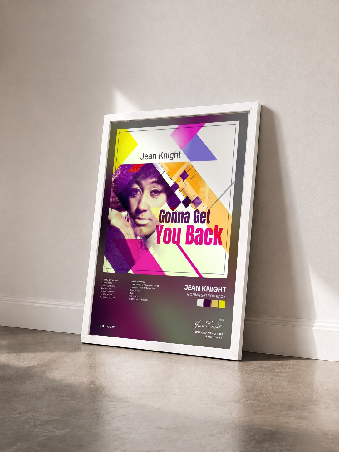 #blanc Tableau de l'album Gonna Get You Back de Jean Knight vu de trois quarts, cadre blanc
