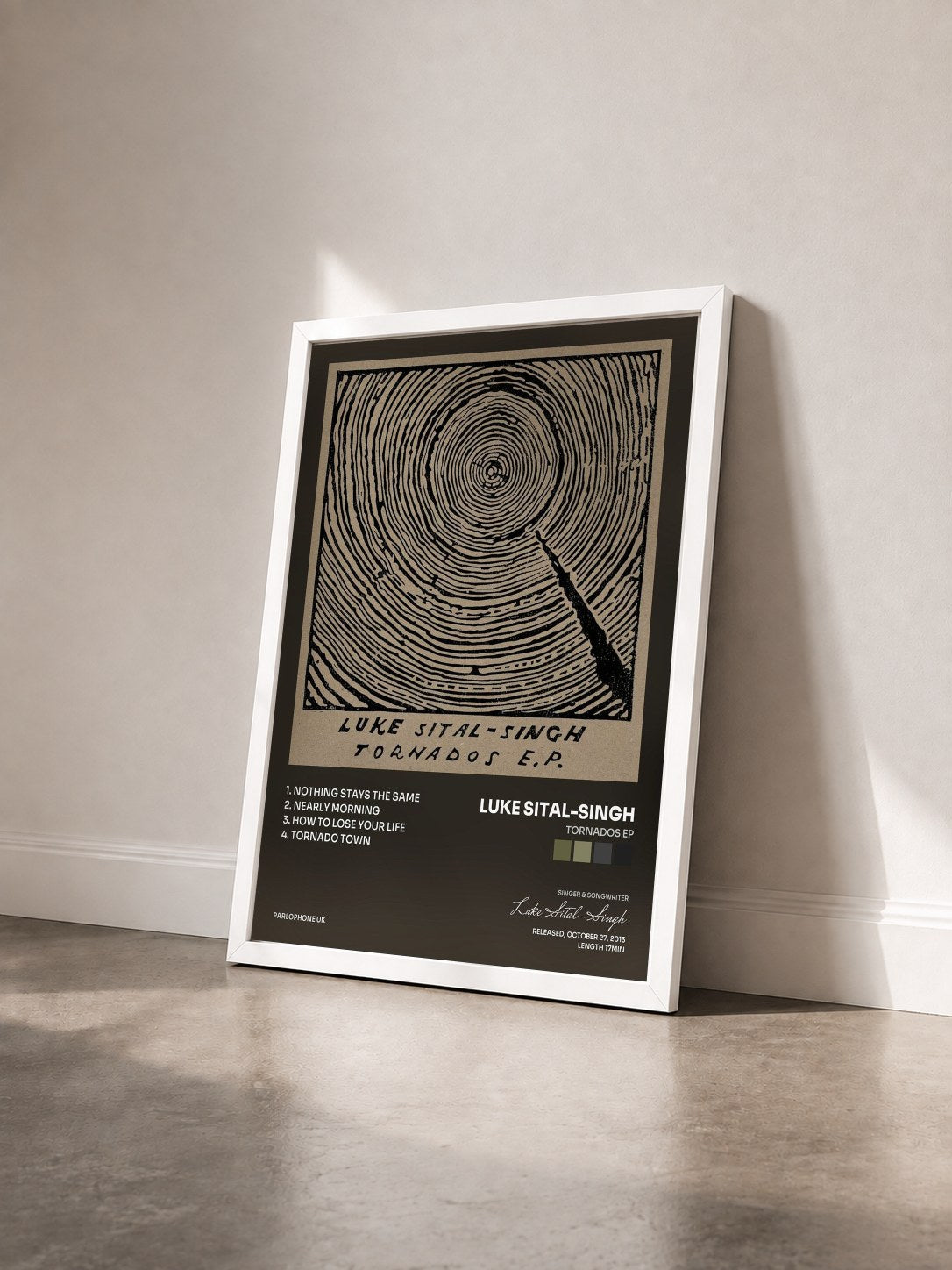 #blanc Tableau de l'album Tornados EP de Luke Sital-Singh vu de trois quarts, cadre blanc