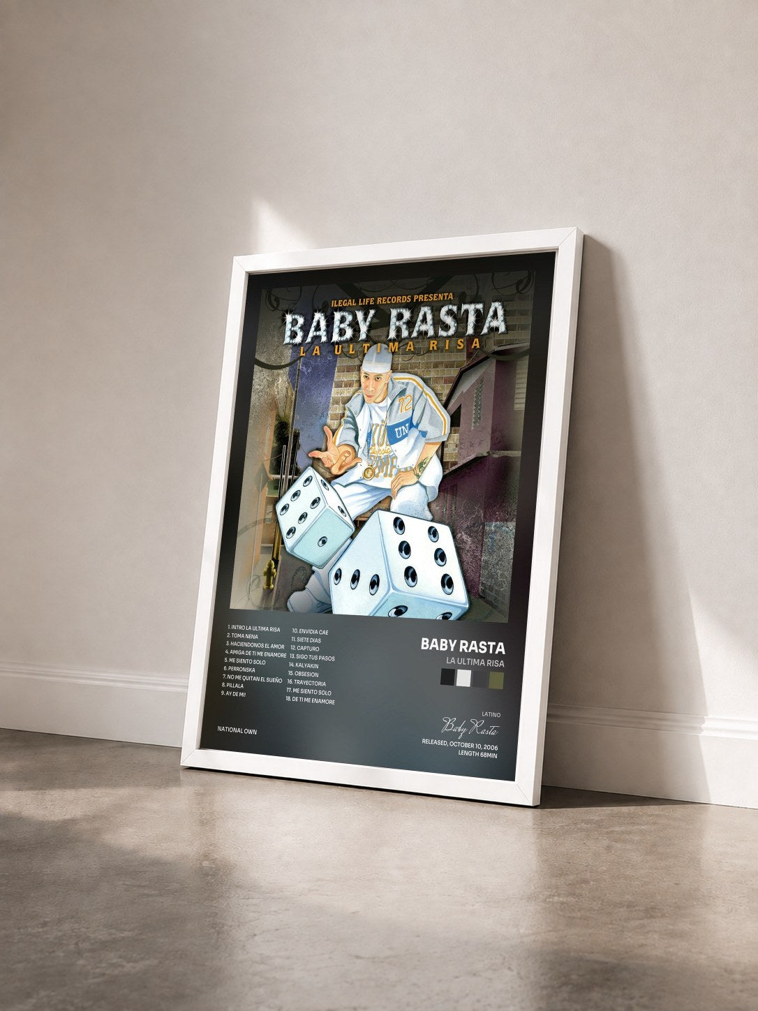 #blanc Tableau de l'album La Ultima Risa de Baby Rasta vu de trois quarts, cadre blanc