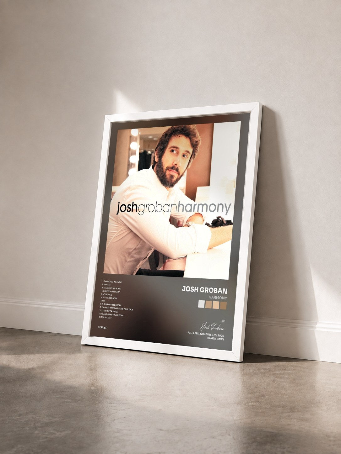 #blanc Tableau de l'album Harmony de Josh Groban vu de trois quarts, cadre blanc
