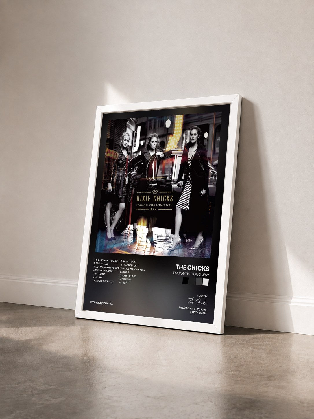 #blanc Tableau de l'album Taking The Long Way de The Chicks vu de trois quarts, cadre blanc