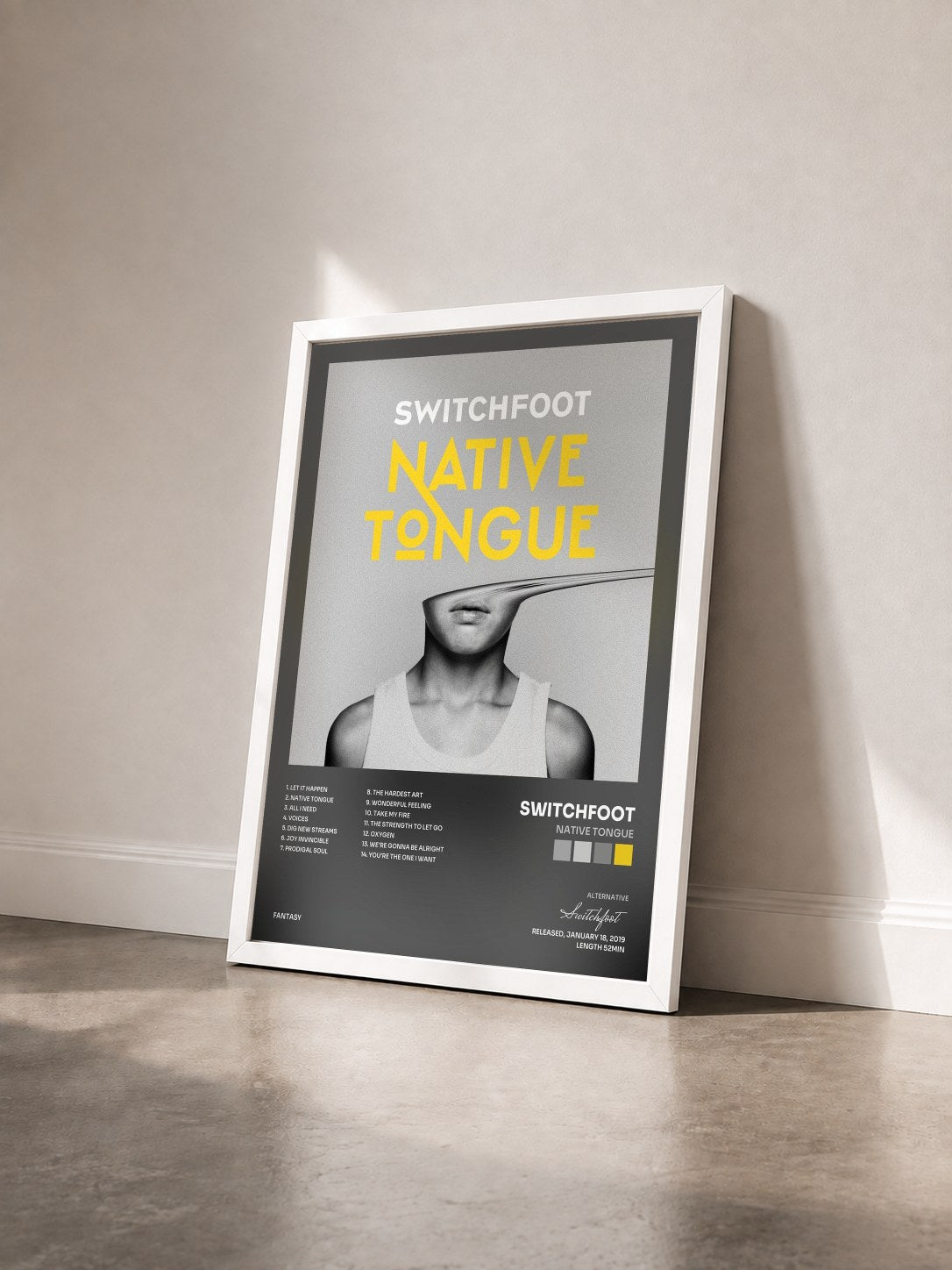 #blanc Tableau de l'album NATIVE TONGUE de Switchfoot vu de trois quarts, cadre blanc