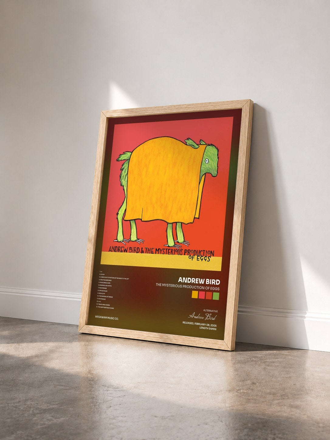 #bois Tableau de l'album The Mysterious Production of Eggs de Andrew Bird vu de trois quarts, cadre en bois brut
