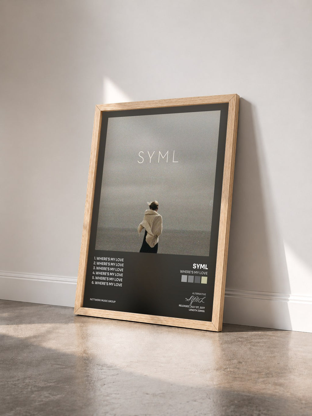 #bois Tableau de l'album Where's My Love de SYML vu de trois quarts, cadre en bois brut