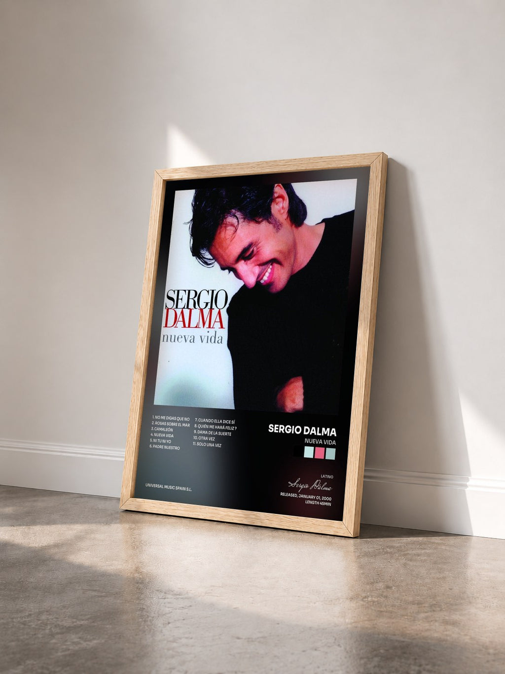 #bois Tableau de l'album Nueva Vida de Sergio Dalma vu de trois quarts, cadre en bois brut
