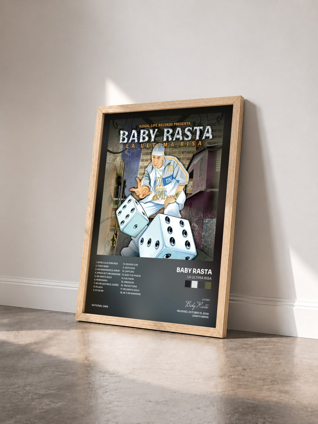 #bois Tableau de l'album La Ultima Risa de Baby Rasta vu de trois quarts, cadre en bois brut