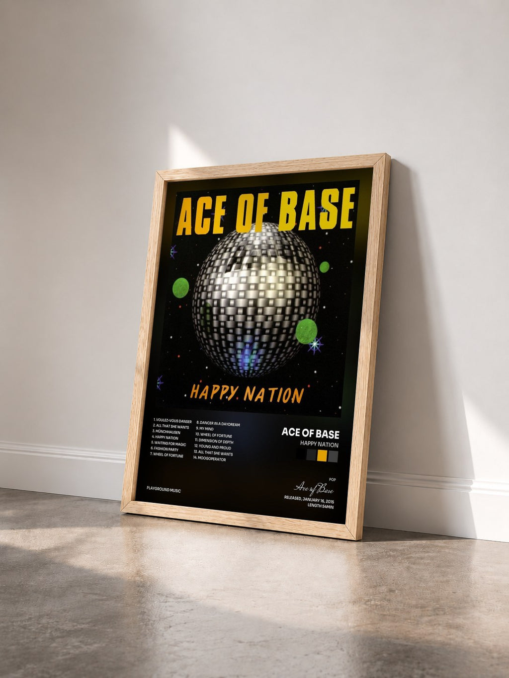 #bois Tableau de l'album Happy Nation de Ace of Base vu de trois quarts, cadre en bois brut