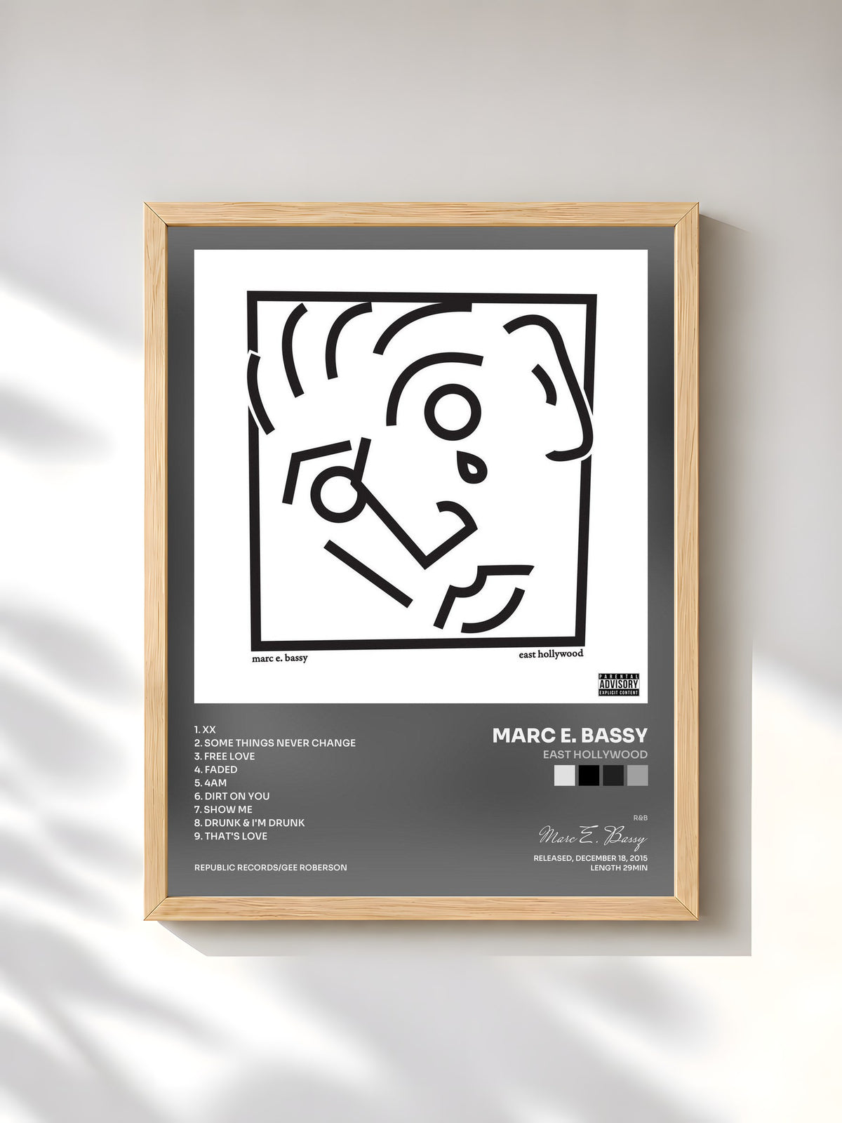 #bois Tableau de l'album East Hollywood de Marc E. Bassy, cadre en bois brut, imprimé et encadré en France