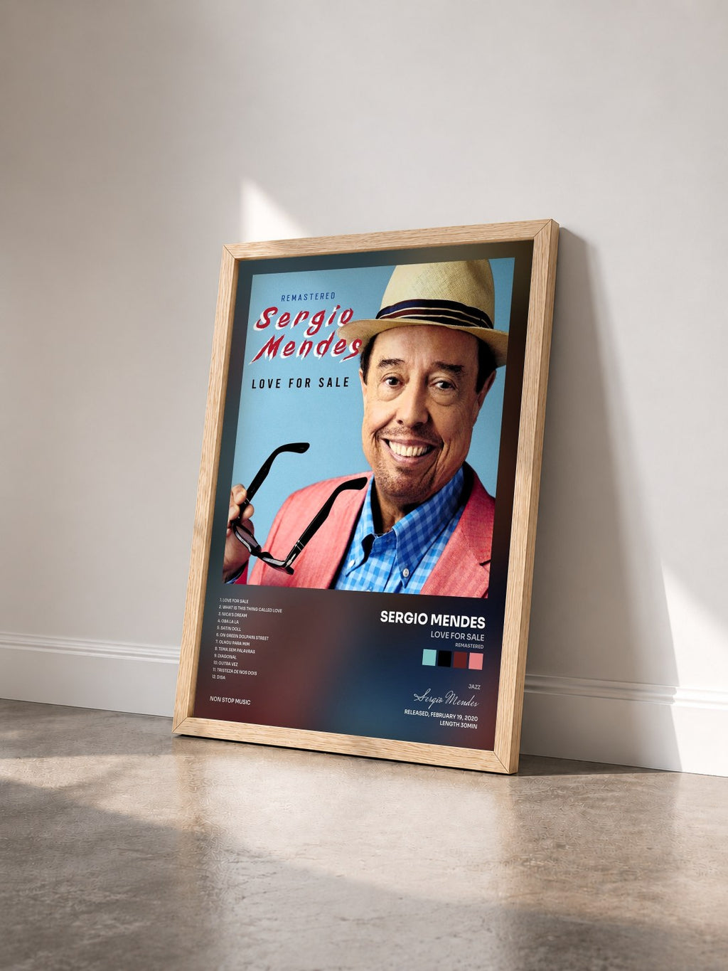 #bois Tableau de l'album Love for Sale (Remastered) de Sergio Mendes vu de trois quarts, cadre en bois brut