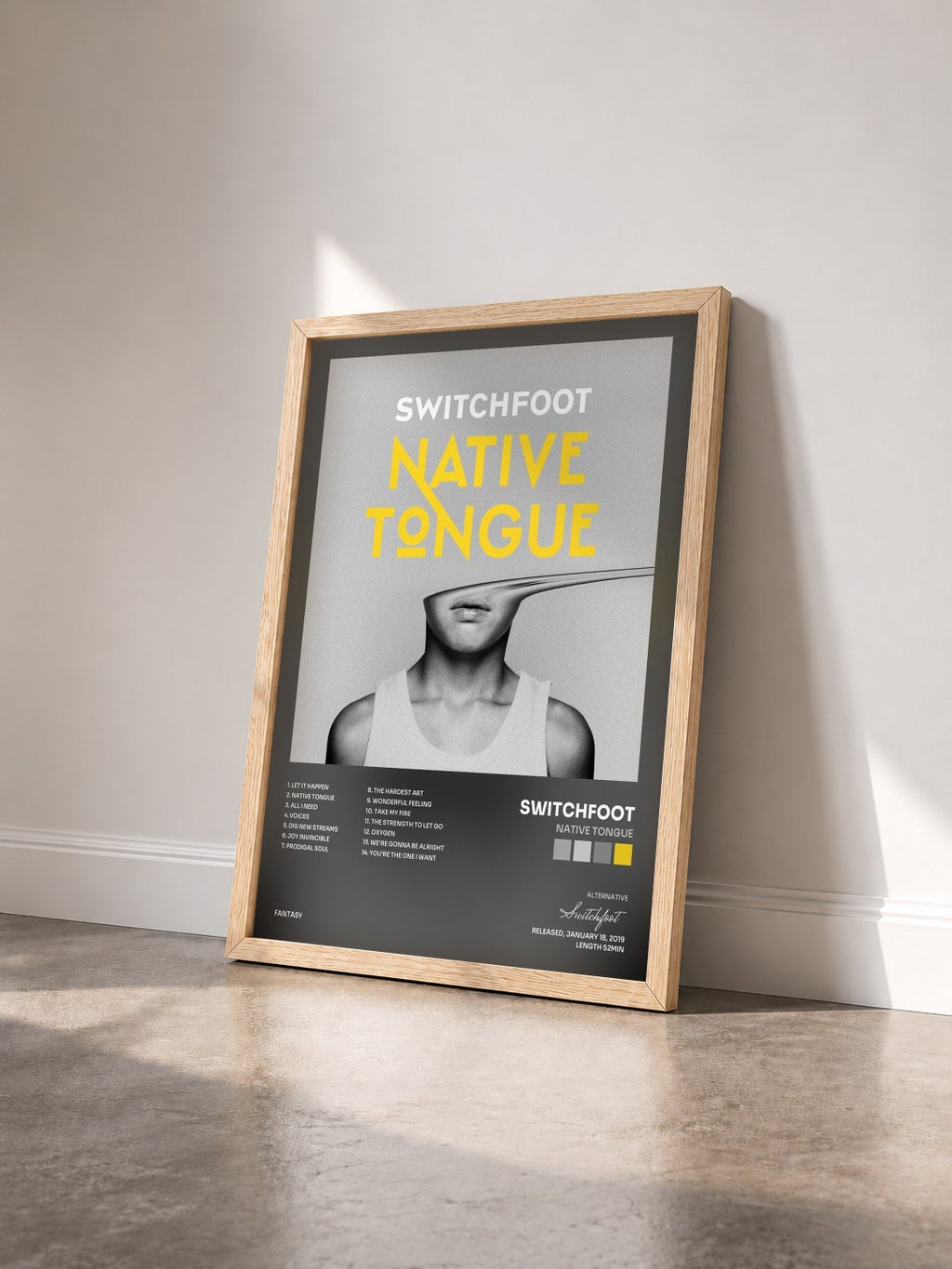 #bois Tableau de l'album NATIVE TONGUE de Switchfoot vu de trois quarts, cadre en bois brut