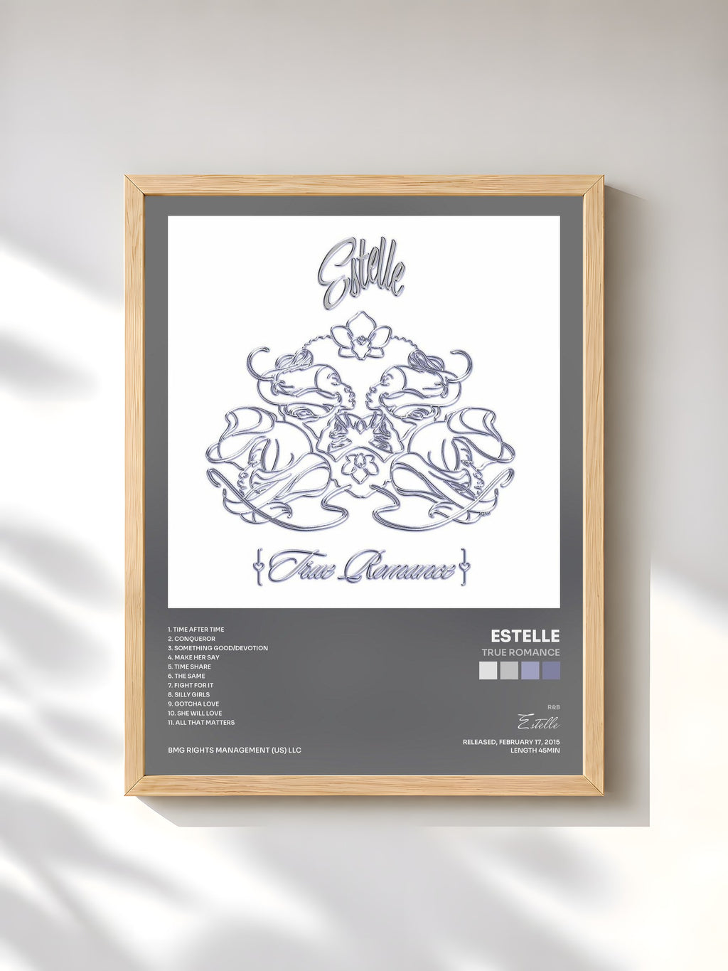 #bois Tableau de l'album True Romance de Estelle, cadre en bois brut, imprimé et encadré en France