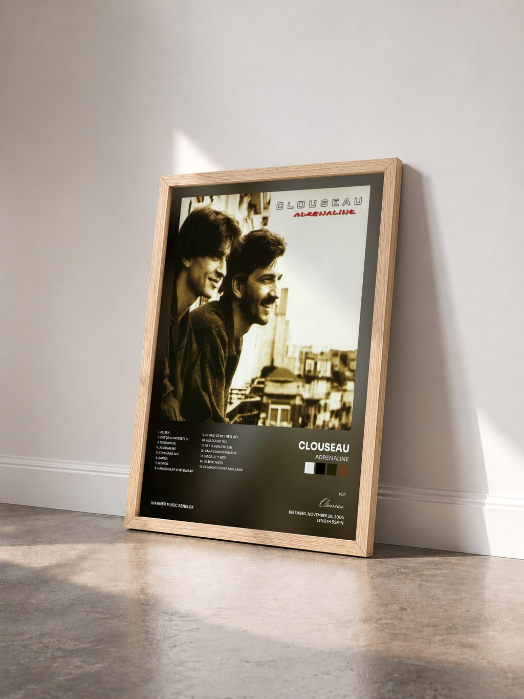 #bois Tableau de l'album Adrenaline de Clouseau vu de trois quarts, cadre en bois brut