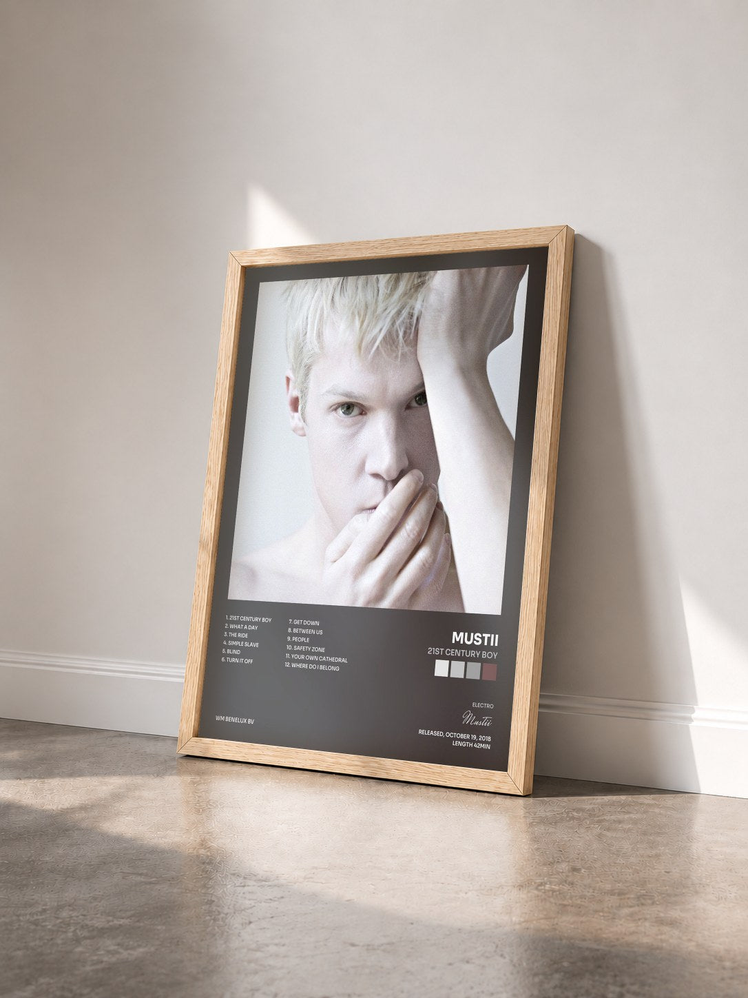 #bois Tableau de l'album 21st Century Boy de Mustii vu de trois quarts, cadre en bois brut