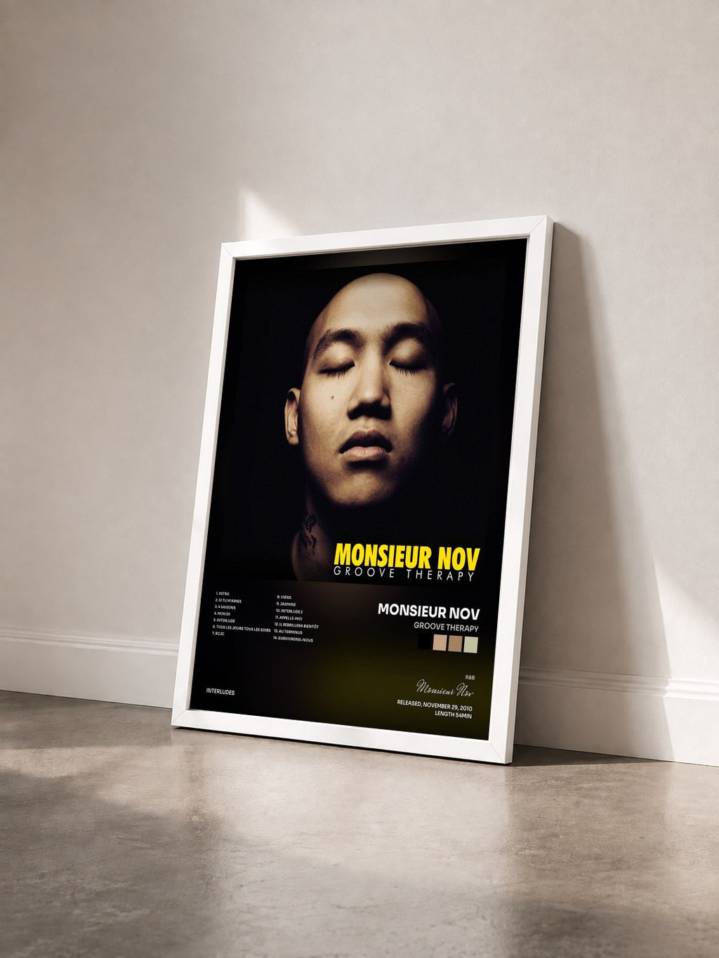 #blanc Tableau de l'album Groove Therapy de Monsieur Nov vu de trois quarts, cadre blanc