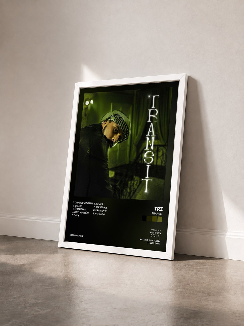 #blanc Tableau de l'album TRANSIT de TRZ vu de trois quarts, cadre blanc