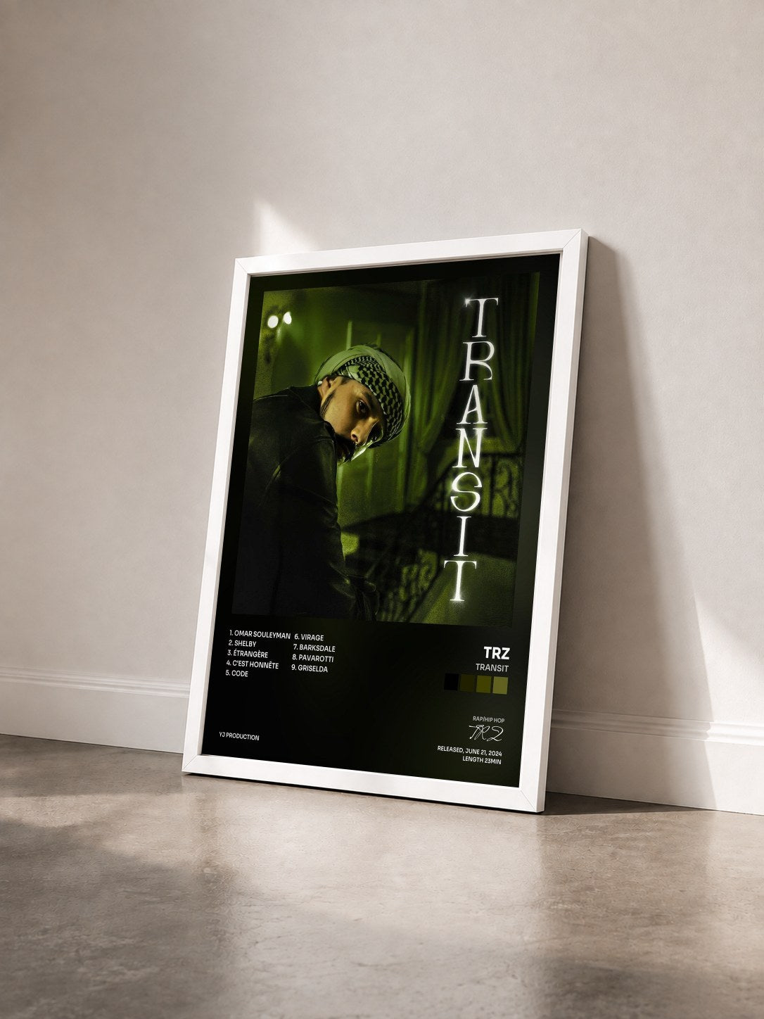 #blanc Tableau de l'album TRANSIT de TRZ vu de trois quarts, cadre blanc