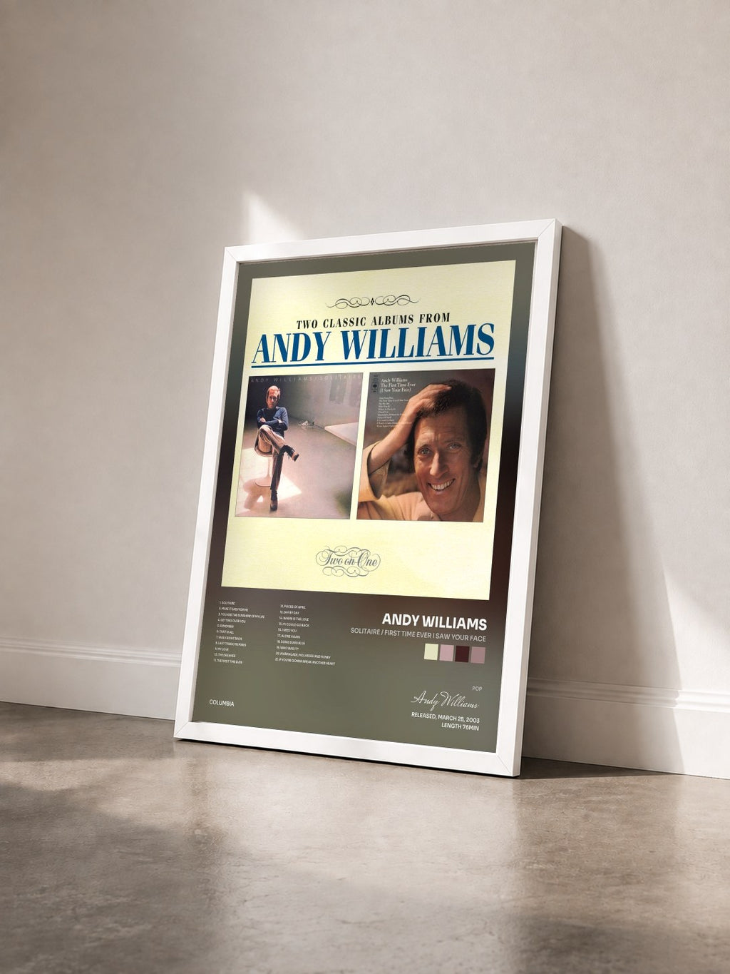 #blanc Tableau de l'album Solitaire / First Time Ever I Saw Your Face de Andy Williams vu de trois quarts, cadre blanc
