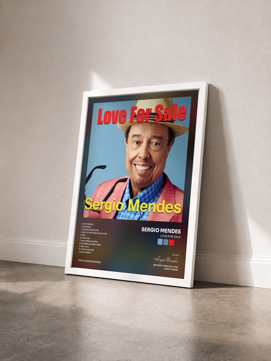 #blanc Tableau de l'album Love For Sale de Sergio Mendes vu de trois quarts, cadre blanc