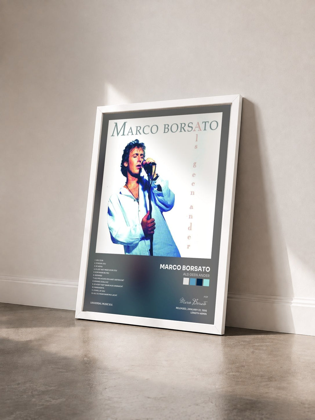 #blanc Tableau de l'album Als Geen Ander de Marco Borsato vu de trois quarts, cadre blanc
