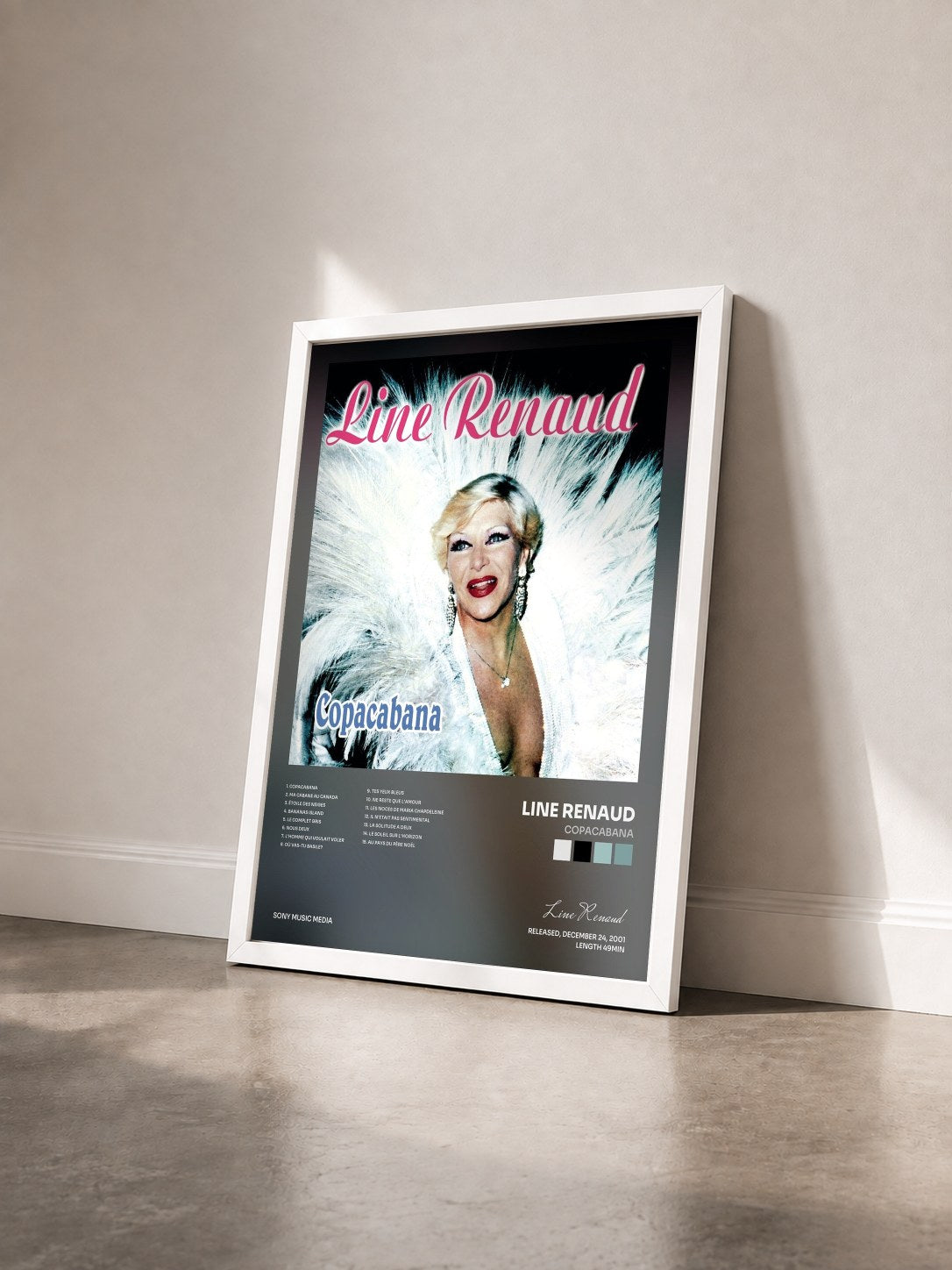 #blanc Tableau de l'album Copacabana de Line Renaud vu de trois quarts, cadre blanc