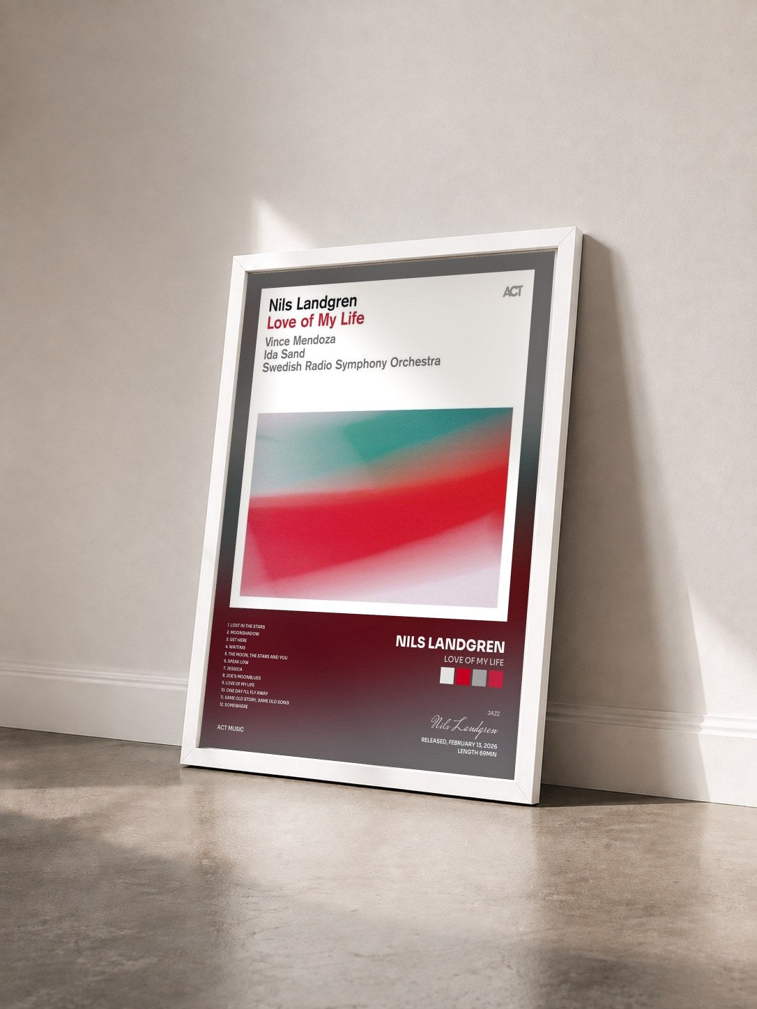 #blanc Tableau de l'album Love of My Life de Nils Landgren vu de trois quarts, cadre blanc