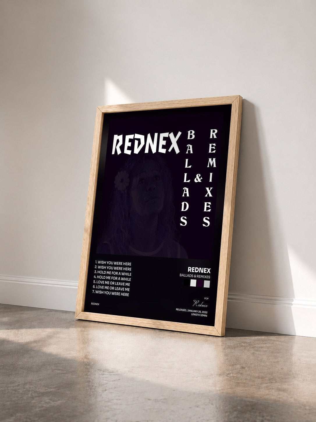 #bois Tableau de l'album Ballads & Remixes de Rednex vu de trois quarts, cadre en bois brut