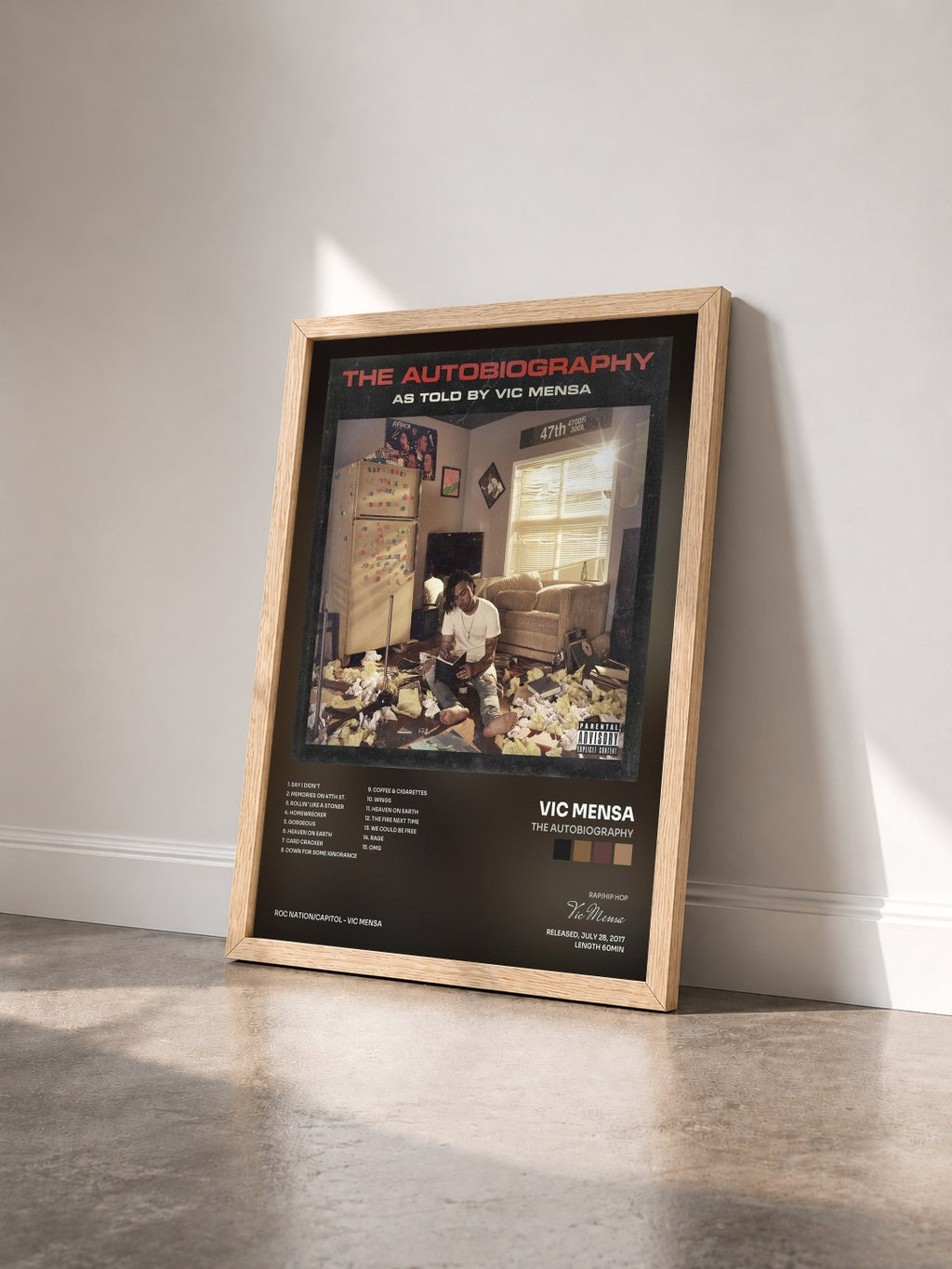 #bois Tableau de l'album The Autobiography de Vic Mensa vu de trois quarts, cadre en bois brut