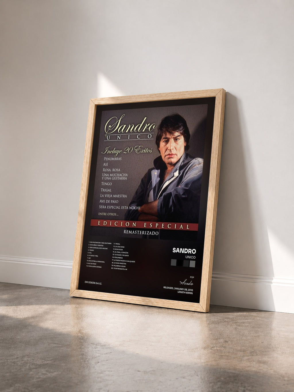 #bois Tableau de l'album Unico de Sandro vu de trois quarts, cadre en bois brut