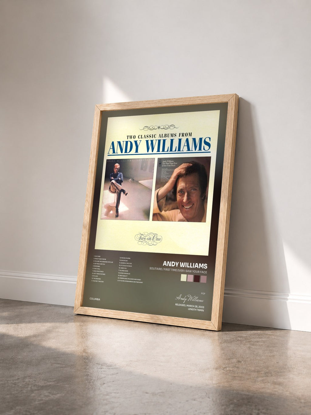 #bois Tableau de l'album Solitaire / First Time Ever I Saw Your Face de Andy Williams vu de trois quarts, cadre en bois brut