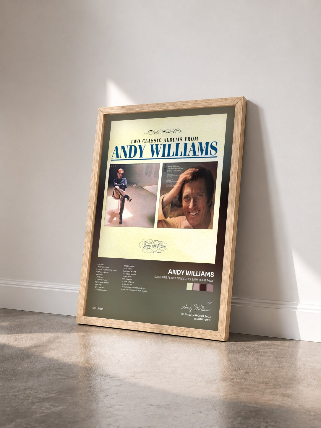 #bois Tableau de l'album Solitaire / First Time Ever I Saw Your Face de Andy Williams vu de trois quarts, cadre en bois brut