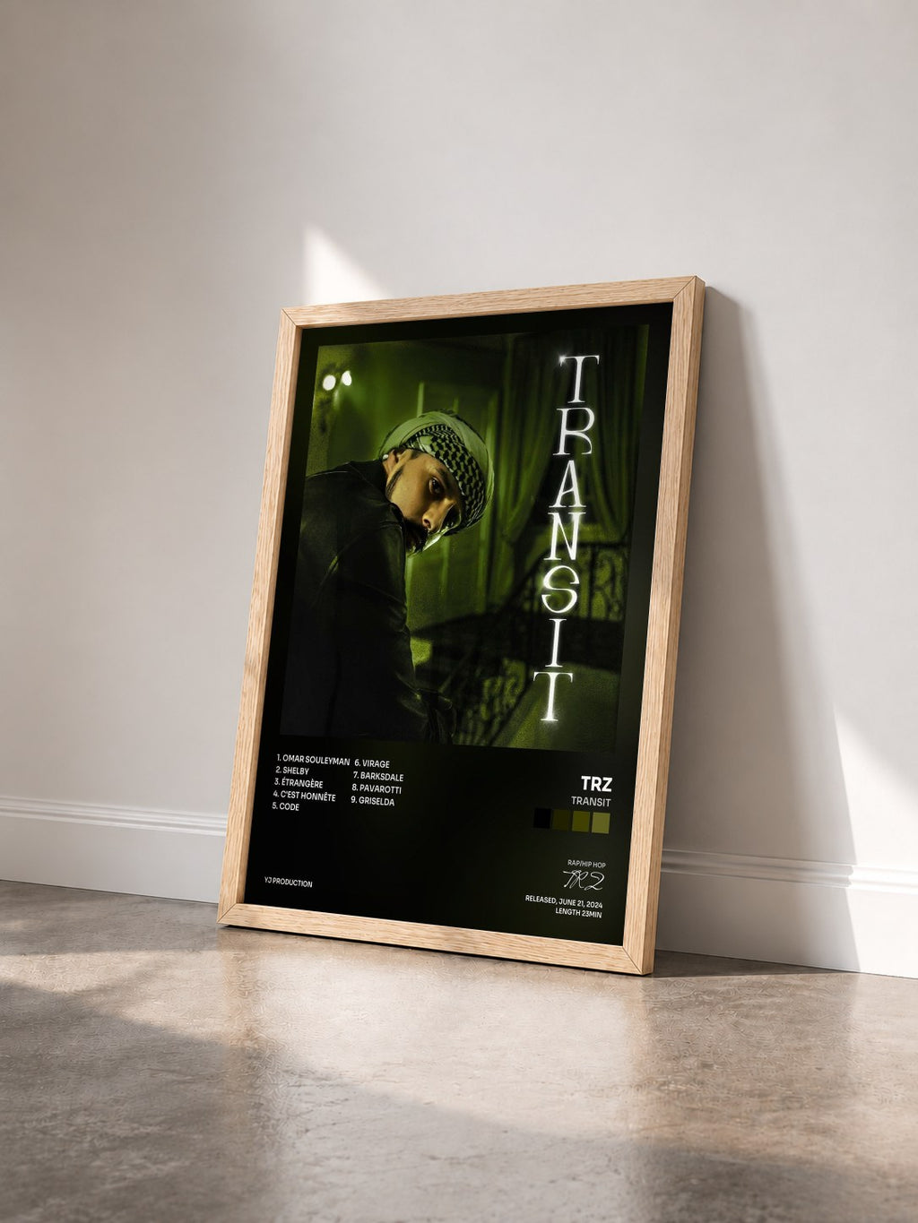 #bois Tableau de l'album TRANSIT de TRZ vu de trois quarts, cadre en bois brut