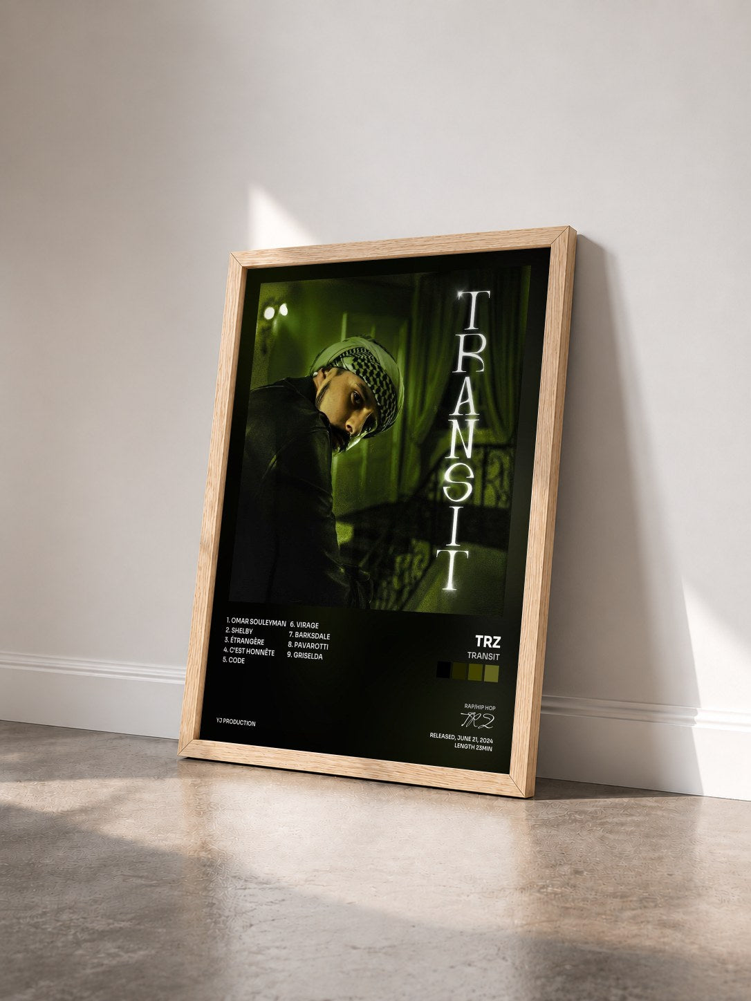 #bois Tableau de l'album TRANSIT de TRZ vu de trois quarts, cadre en bois brut