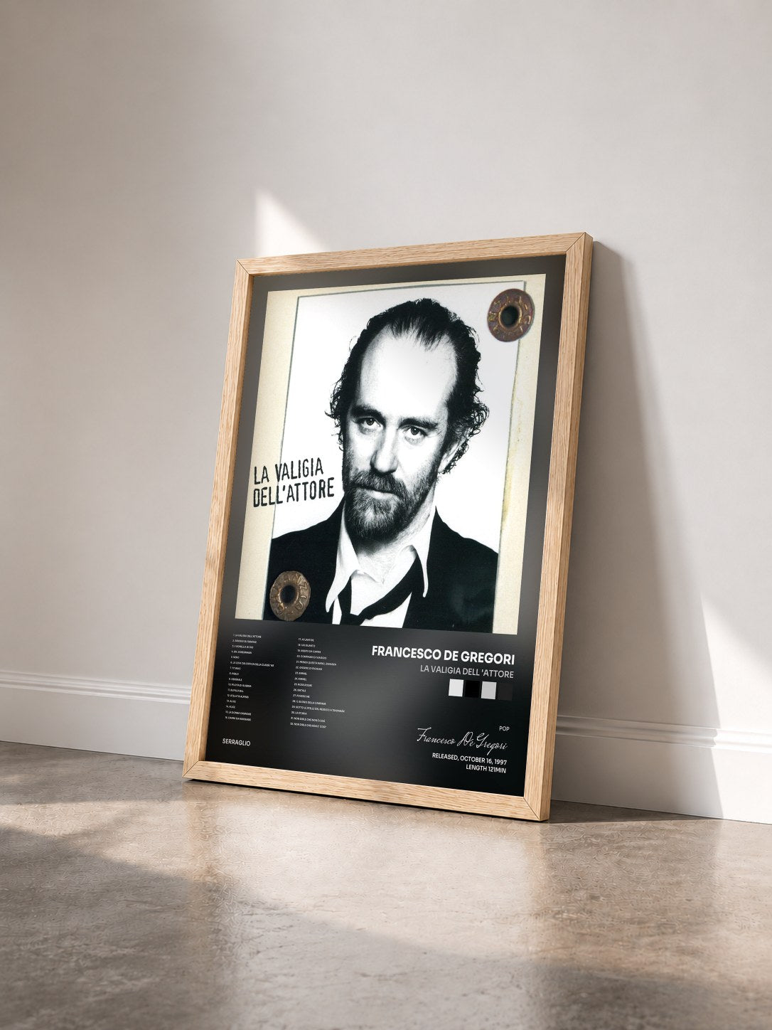 #bois Tableau de l'album La Valigia Dell 'Attore de Francesco De Gregori vu de trois quarts, cadre en bois brut