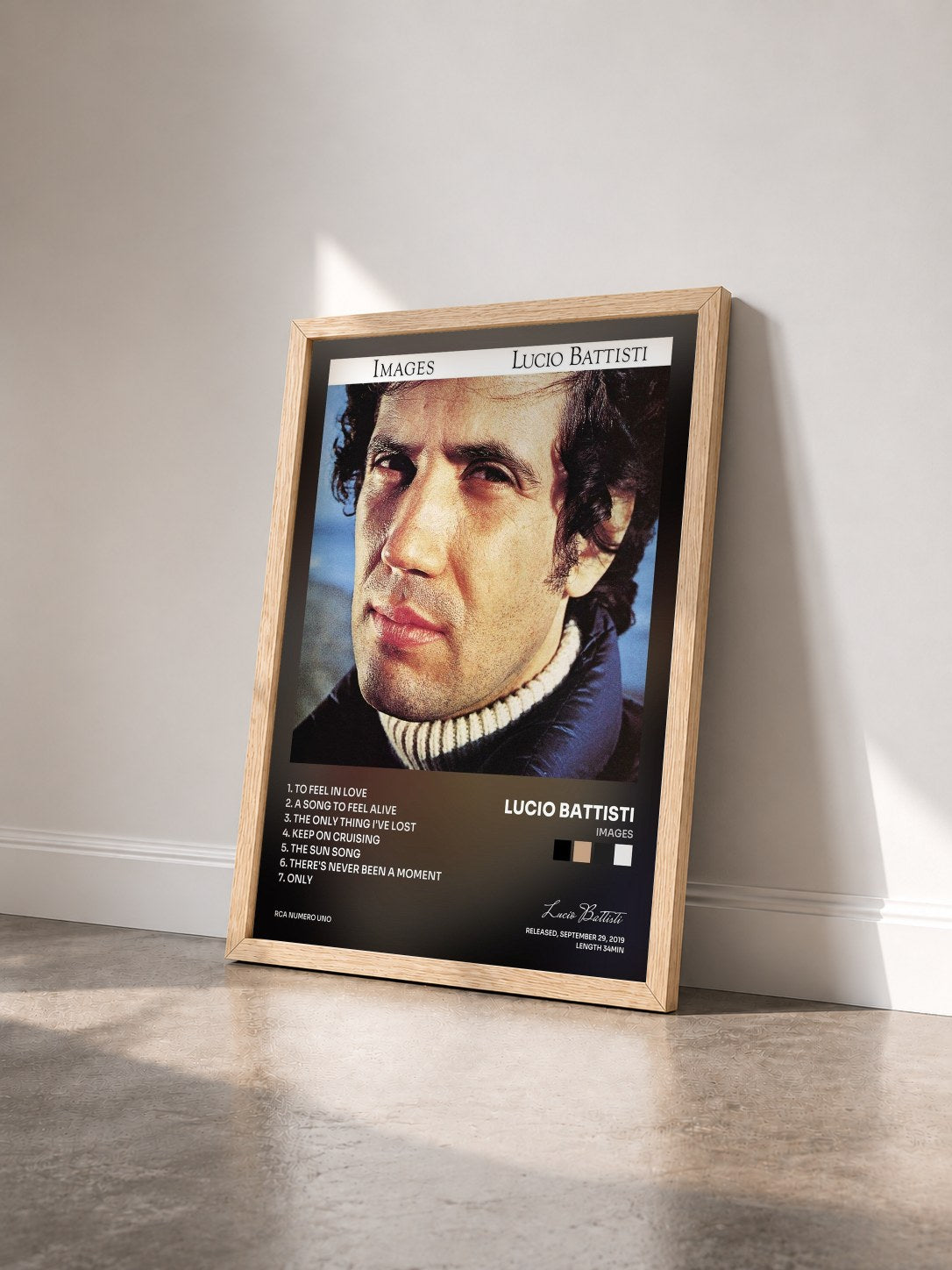 #bois Tableau de l'album Images de Lucio Battisti vu de trois quarts, cadre en bois brut