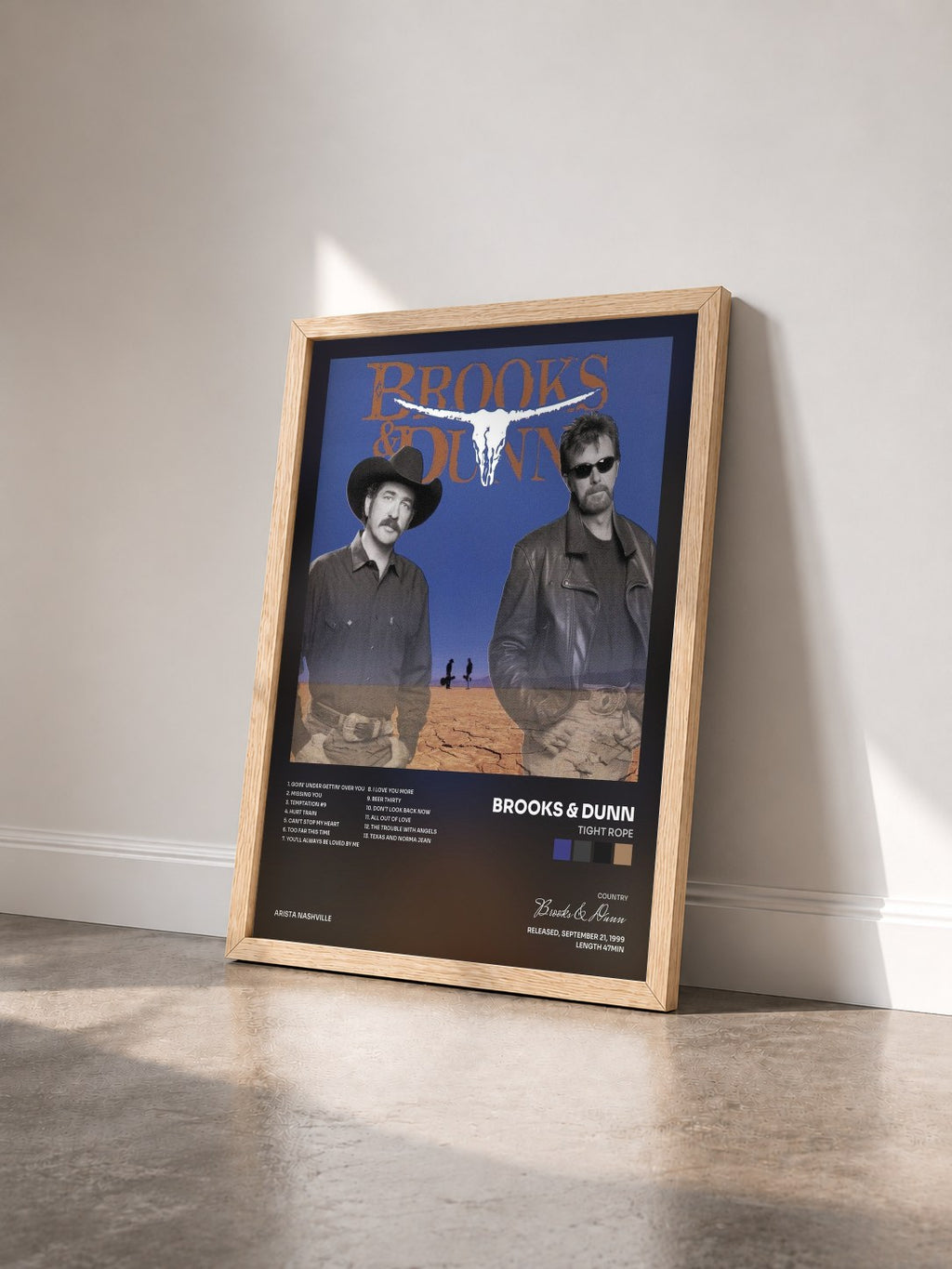 #bois Tableau de l'album Tight Rope de Brooks & Dunn vu de trois quarts, cadre en bois brut