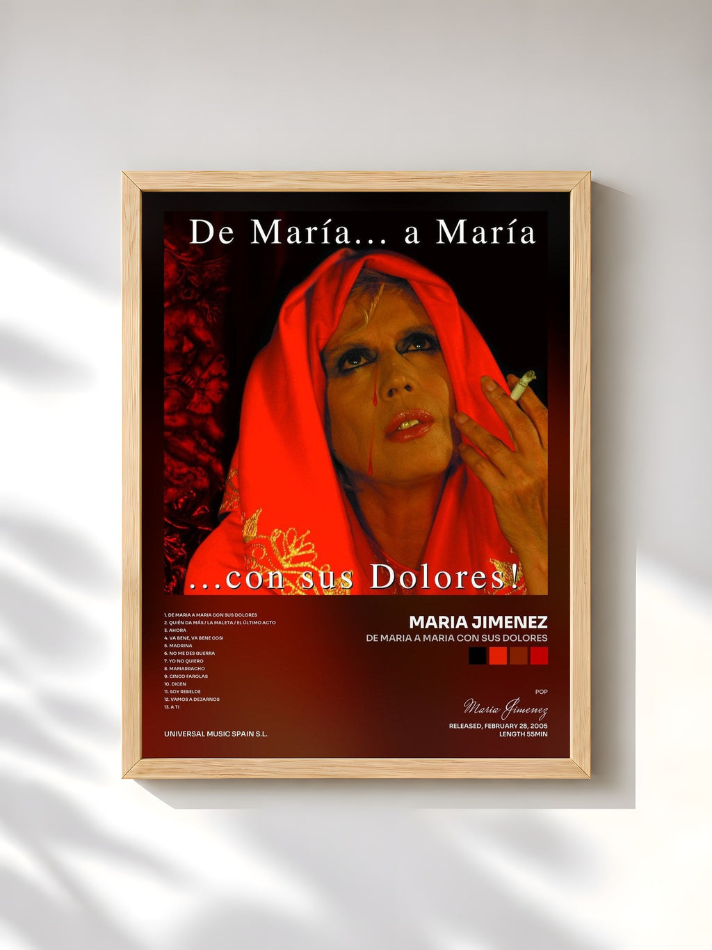 #bois Tableau de l'album De Maria A Maria Con Sus Dolores de Maria Jimenez, cadre en bois brut, imprimé et encadré en France