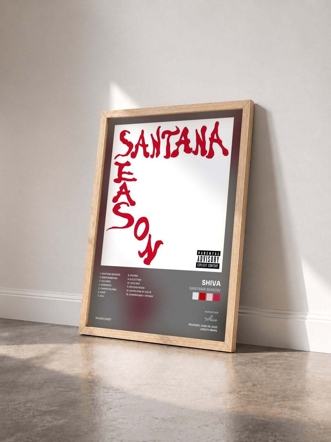 #bois Tableau de l'album Santana Season de Shiva vu de trois quarts, cadre en bois brut