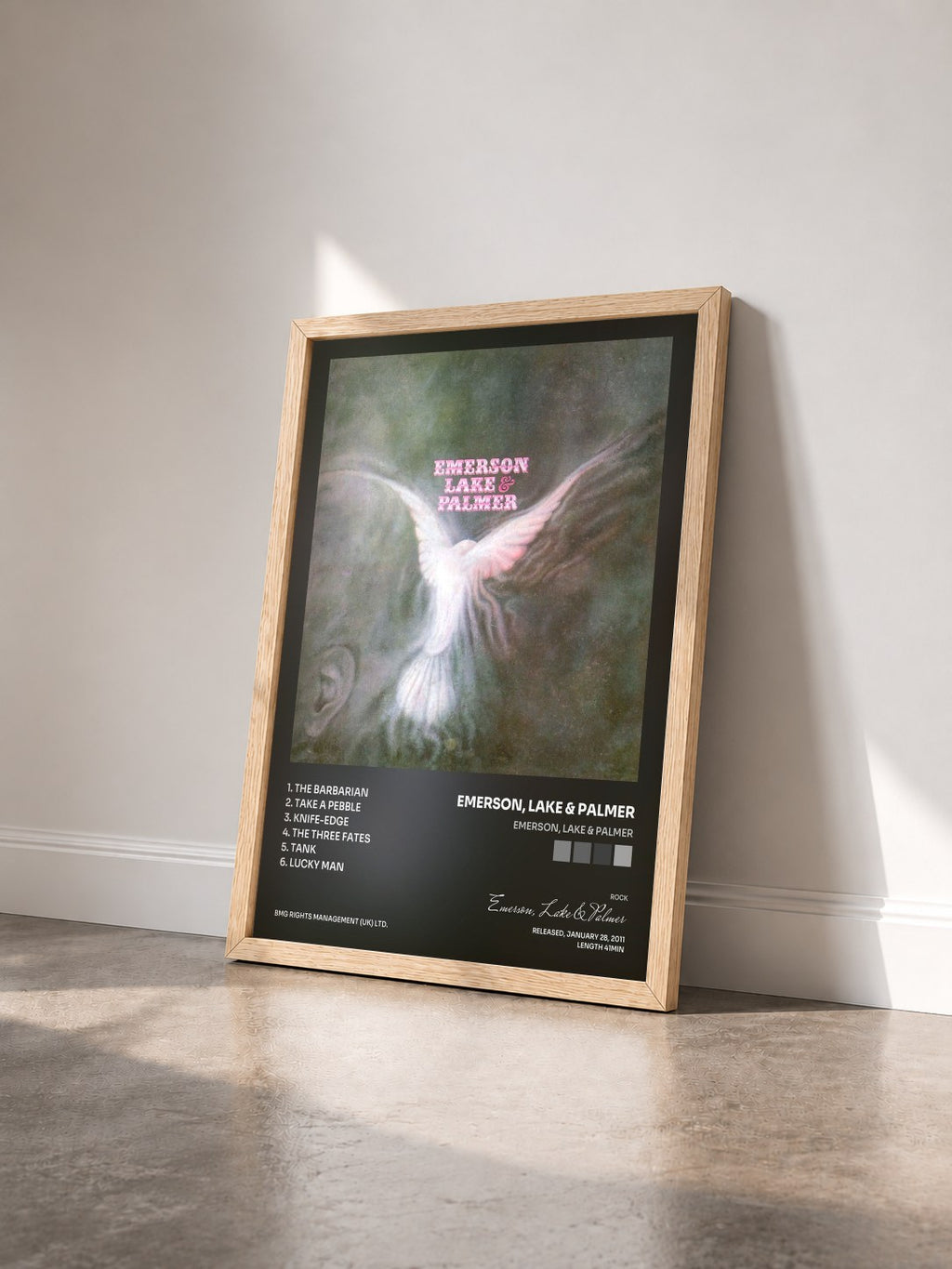 #bois Tableau de l'album Emerson, Lake & Palmer de Emerson, Lake & Palmer vu de trois quarts, cadre en bois brut