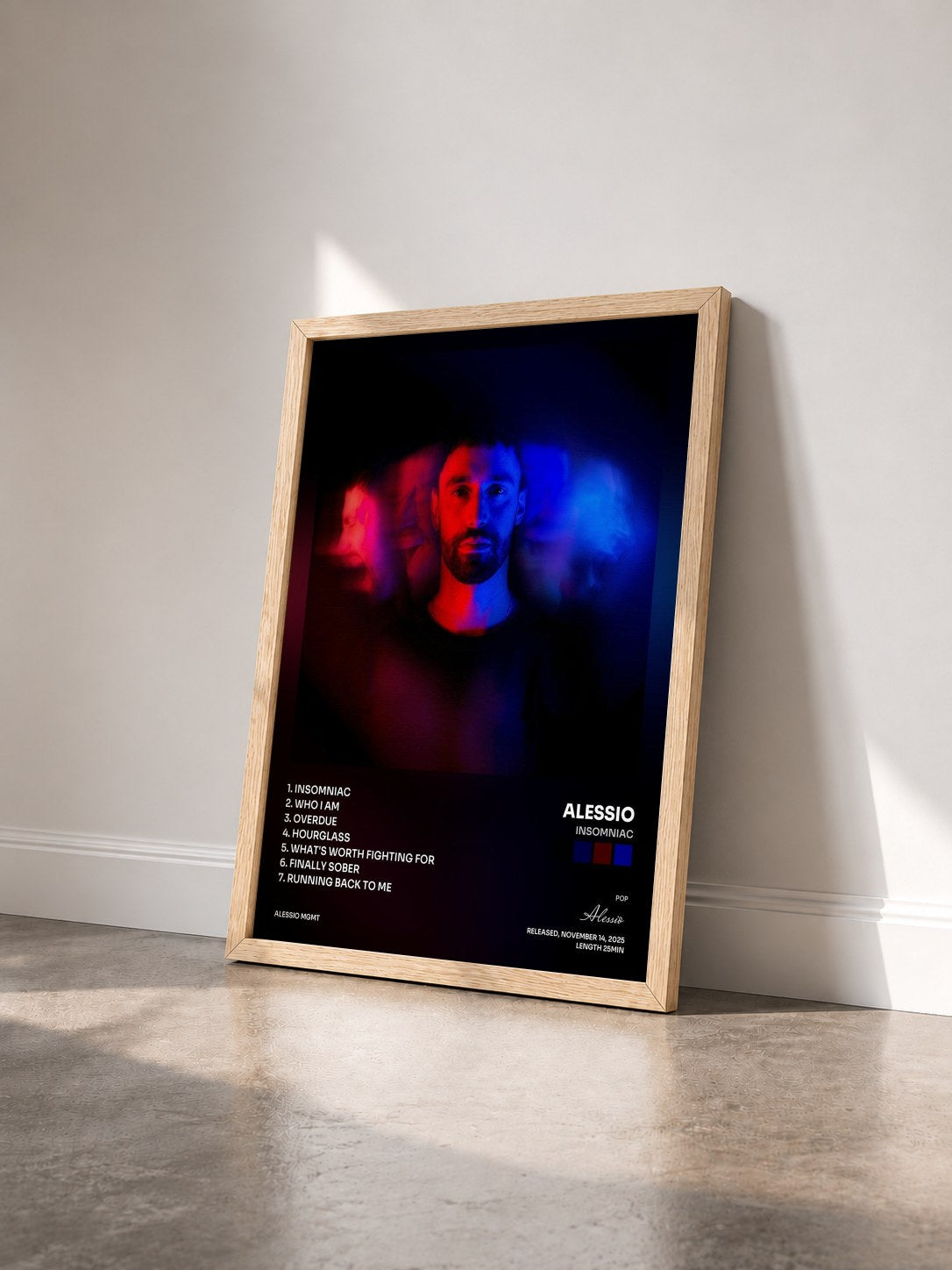 #bois Tableau de l'album INSOMNIAC de Alessio vu de trois quarts, cadre en bois brut