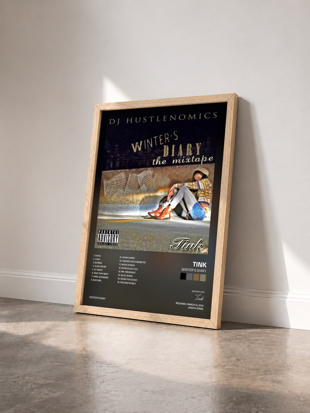 #bois Tableau de l'album Winter's Diary de Tink vu de trois quarts, cadre en bois brut