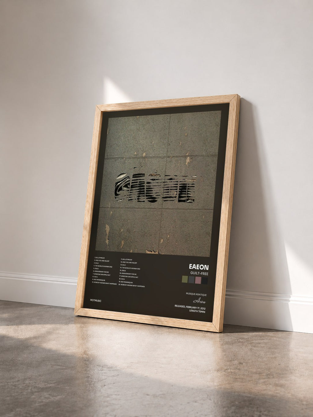 #bois Tableau de l'album Guilt-Free de eAeon vu de trois quarts, cadre en bois brut