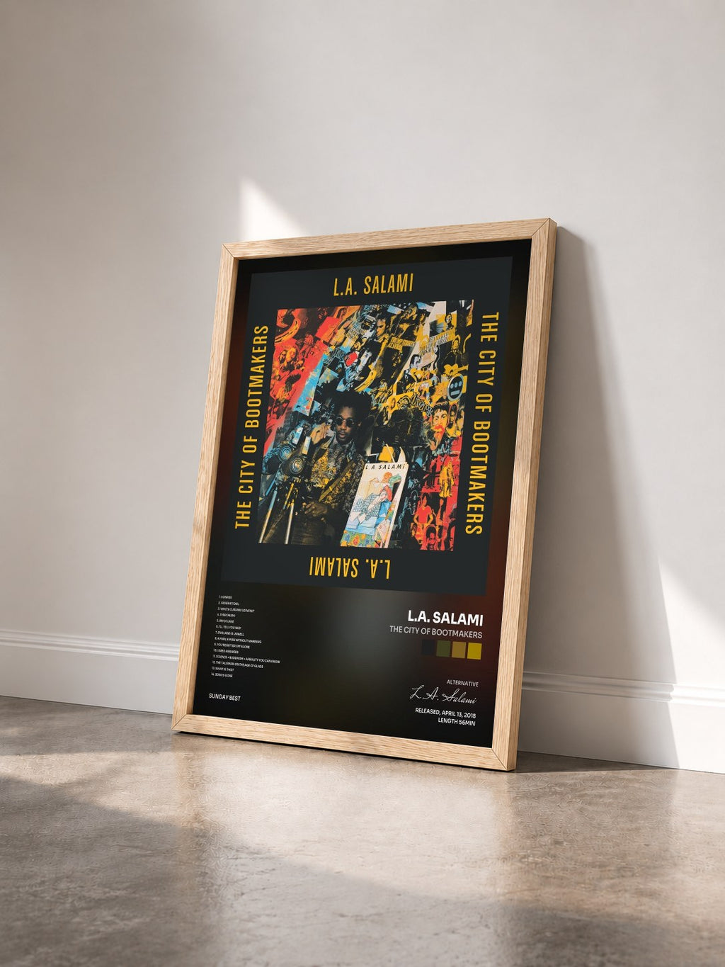 #bois Tableau de l'album The City of Bootmakers de L.A. Salami vu de trois quarts, cadre en bois brut
