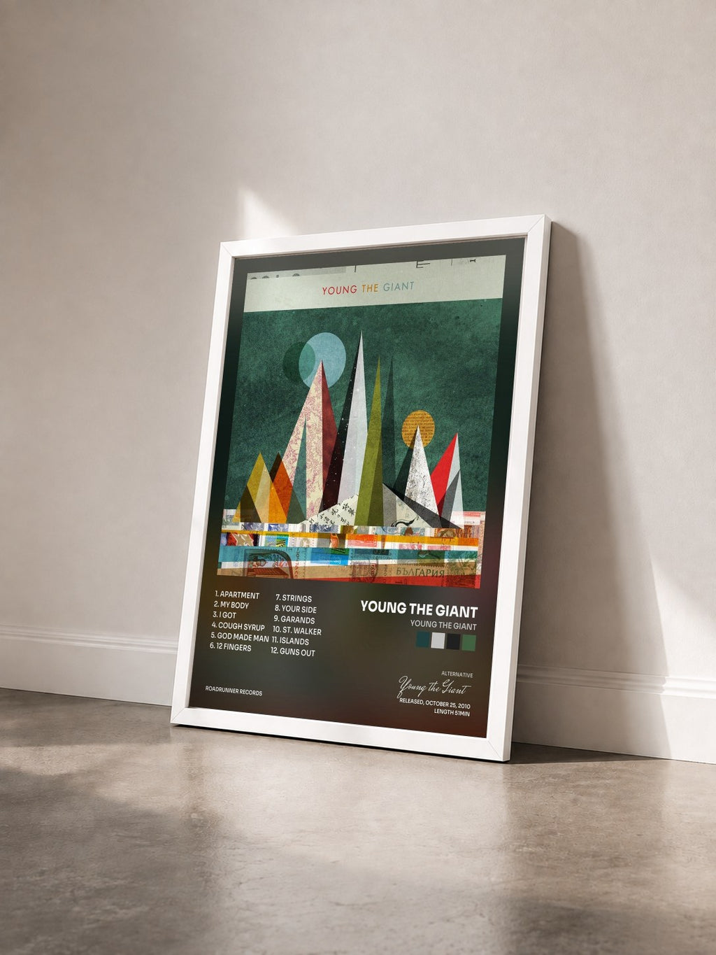 #blanc Tableau de l'album Young The Giant de Young the Giant vu de trois quarts, cadre blanc