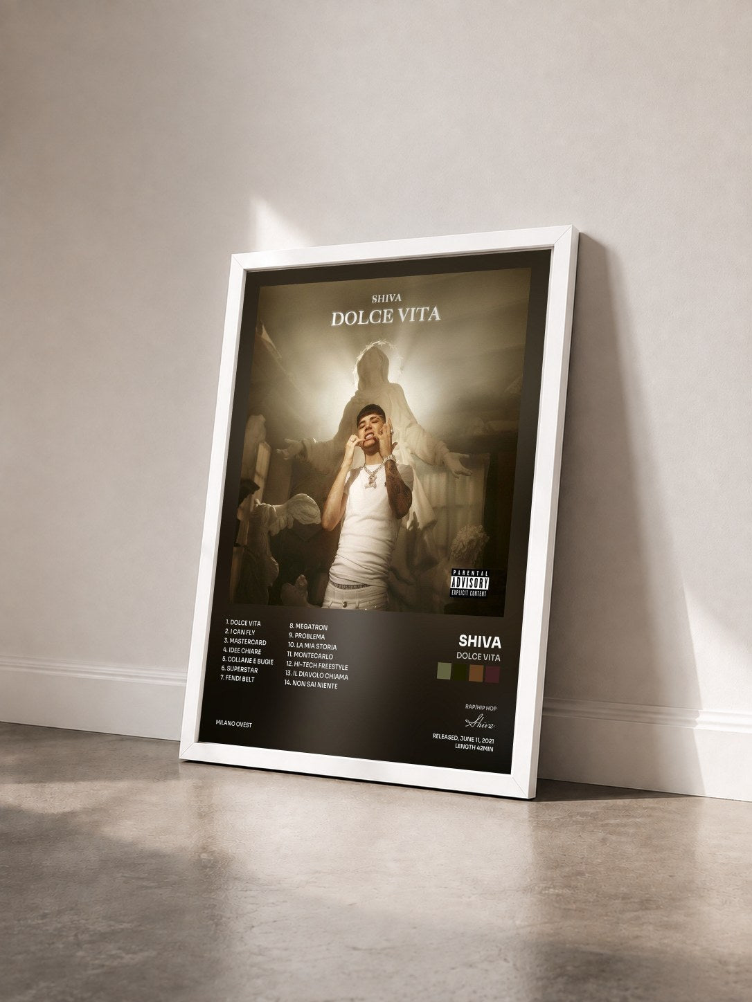 #blanc Tableau de l'album Dolce vita de Shiva vu de trois quarts, cadre blanc