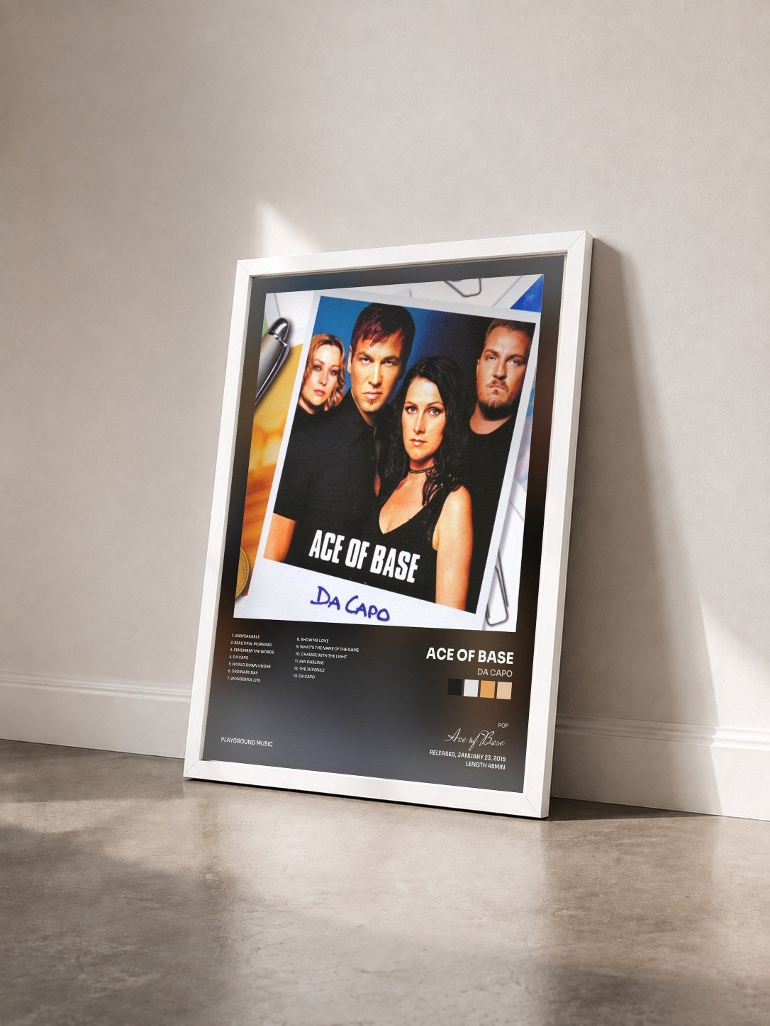 #blanc Tableau de l'album Da Capo de Ace of Base vu de trois quarts, cadre blanc