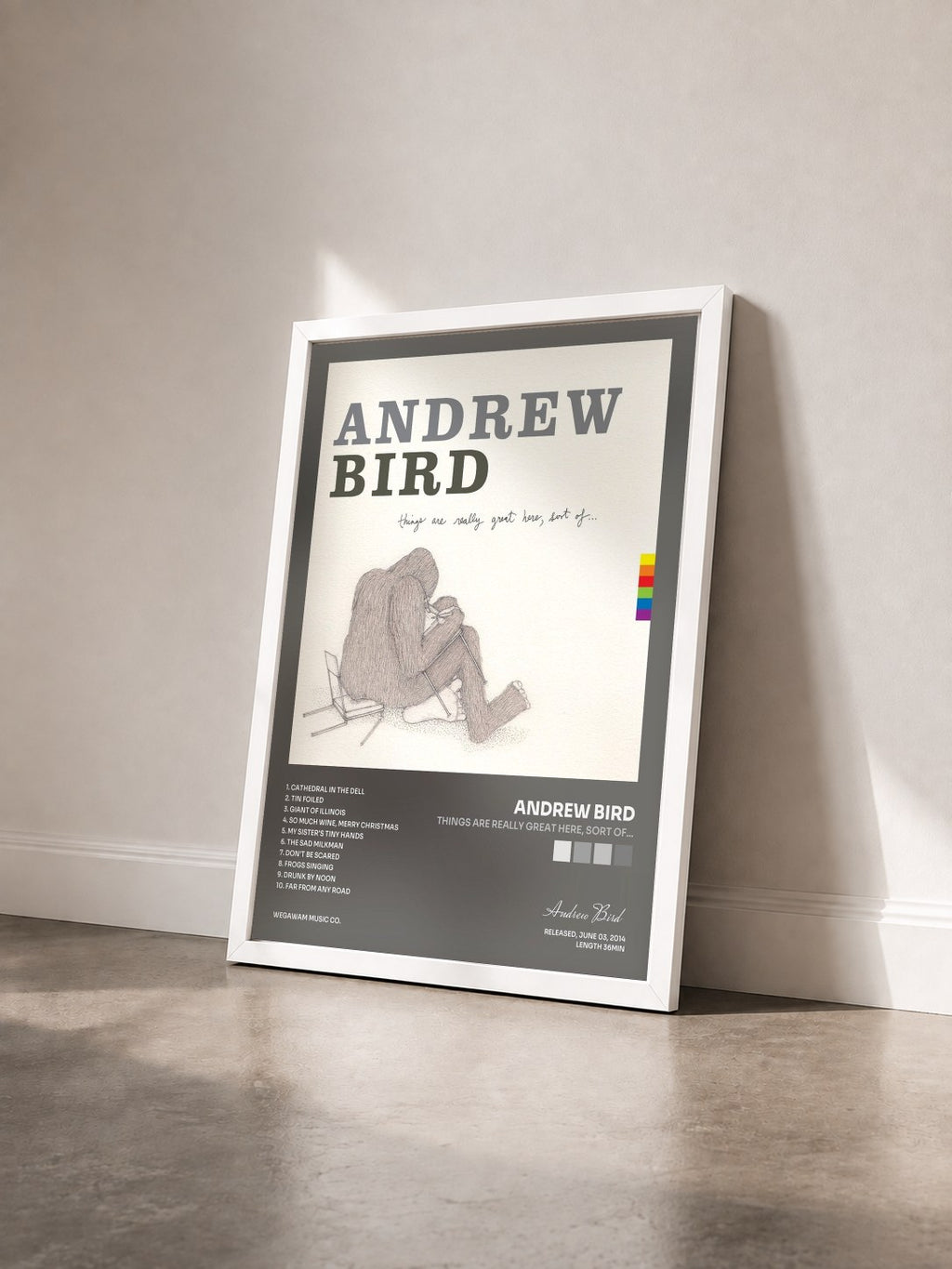 #blanc Tableau de l'album Things Are Really Great Here, Sort Of... de Andrew Bird vu de trois quarts, cadre blanc