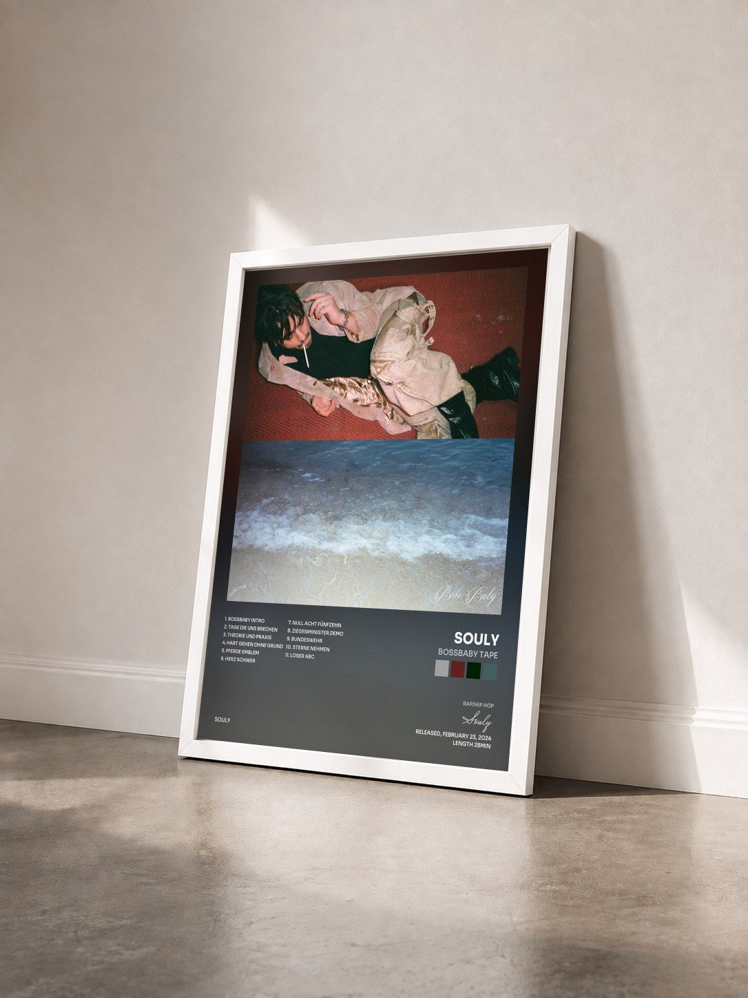#blanc Tableau de l'album Bossbaby Tape de Souly vu de trois quarts, cadre blanc