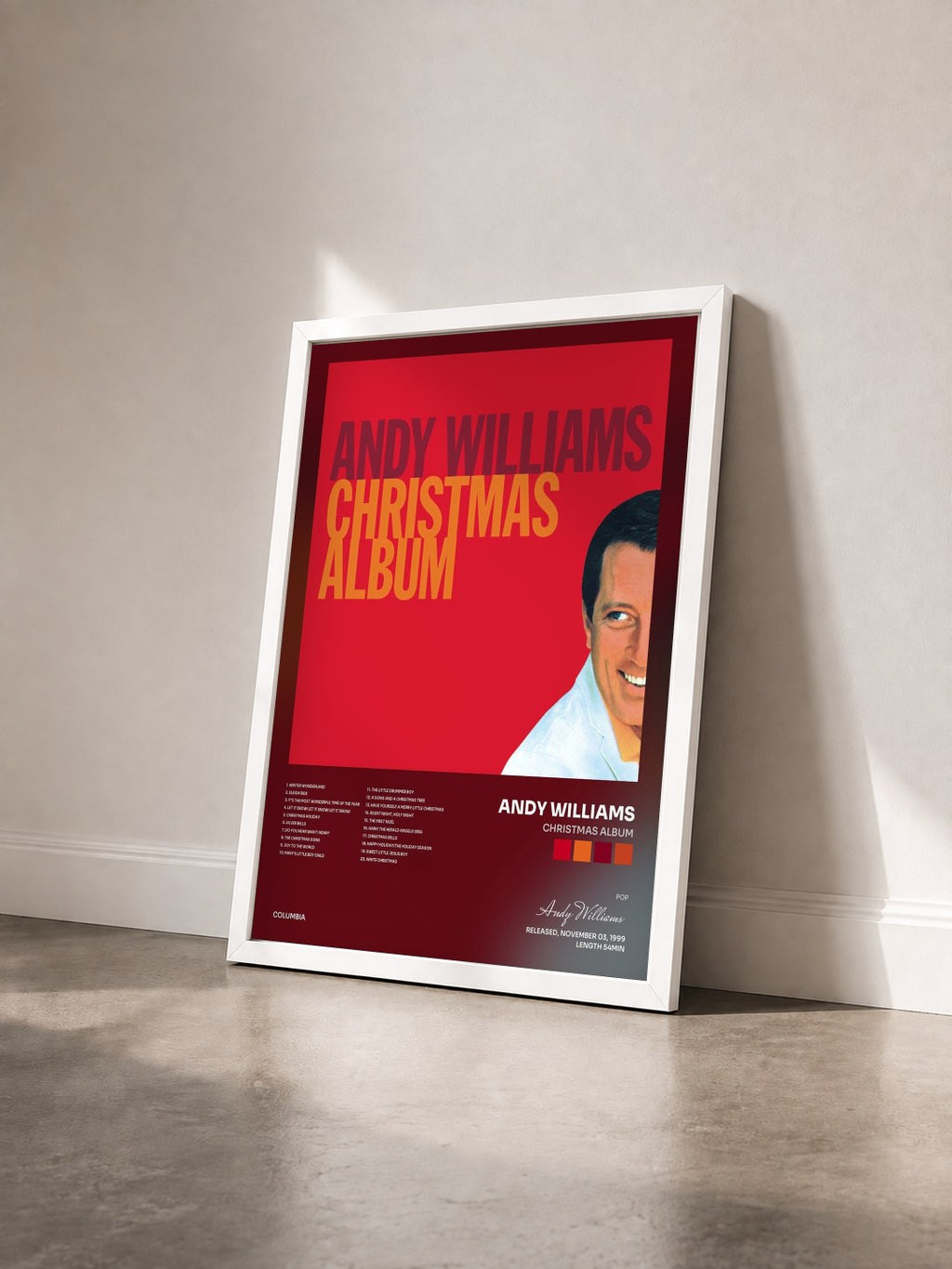 #blanc Tableau de l'album Christmas Album de Andy Williams vu de trois quarts, cadre blanc