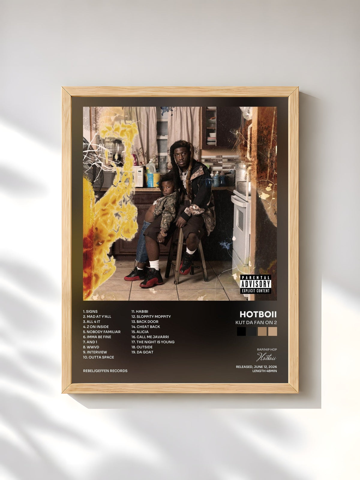 #bois Tableau de l'album Kut Da Fan On 2 de Hotboii, cadre en bois brut, imprimé et encadré en France
